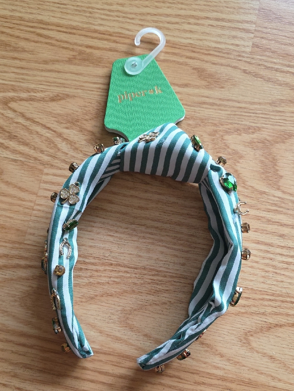 Piper•k Green and White Striped Jeweled Headband